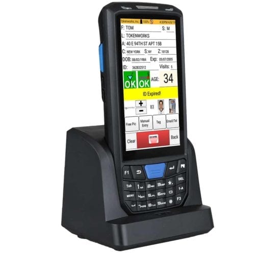 IDVisor Smart V2 handheld ID scanner in charging cradle angled right 1080x1080