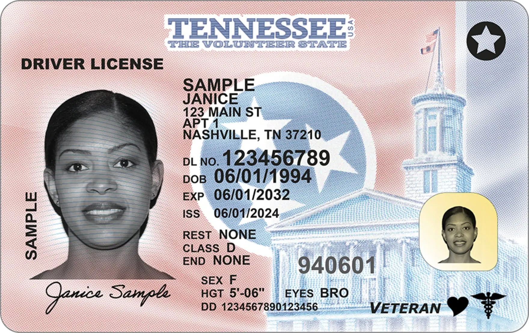 Tennessee Drivers License state ID Sample